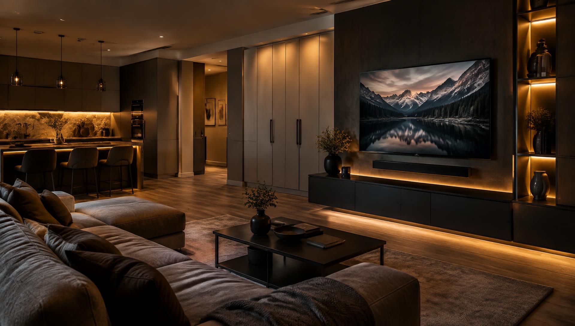 Wohnzimmer mit montierter TV-Wand und Einbauschrank